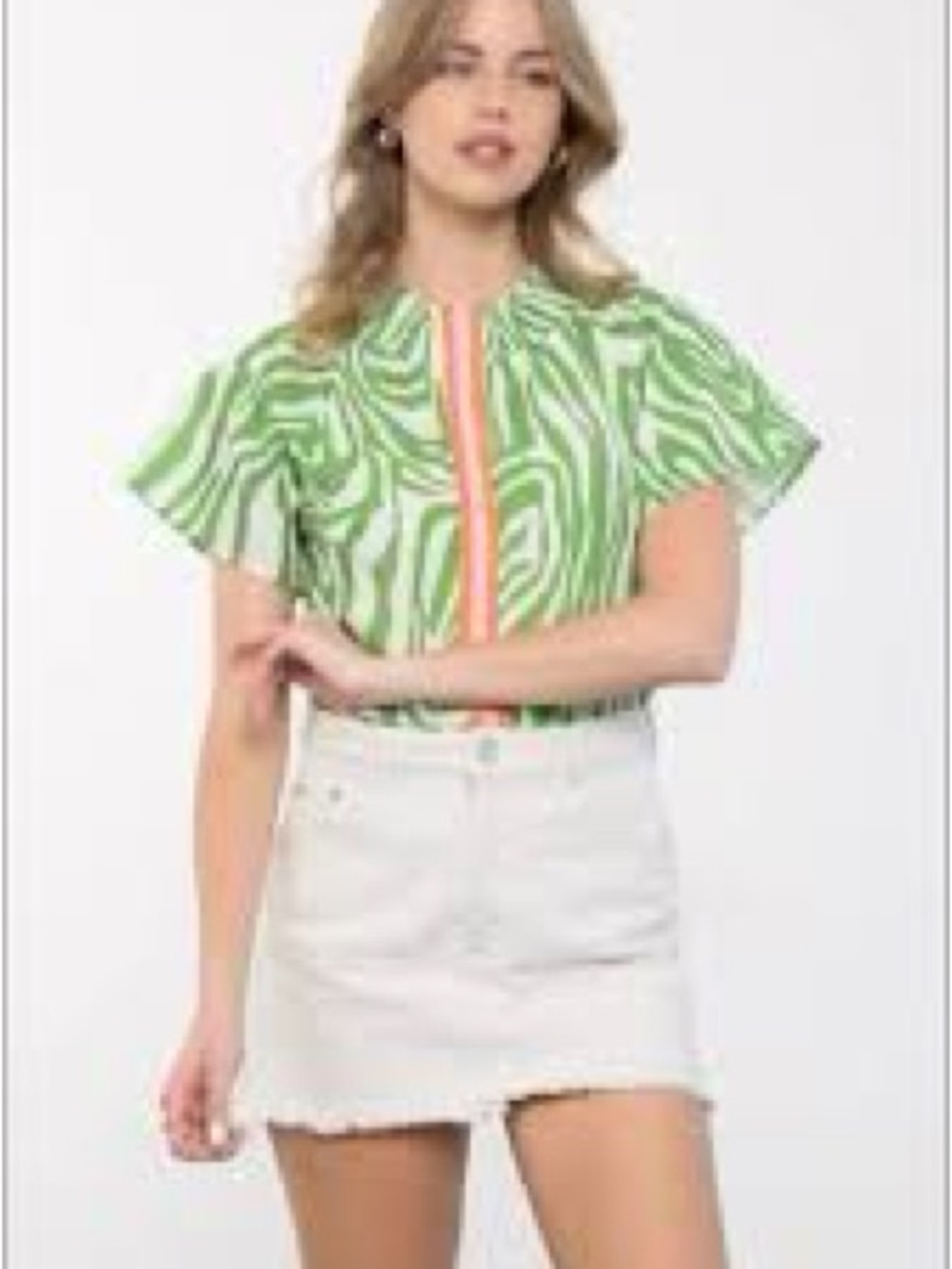 THML Green Swirl Print Flutter Sleeve Blouse with Coral Trim